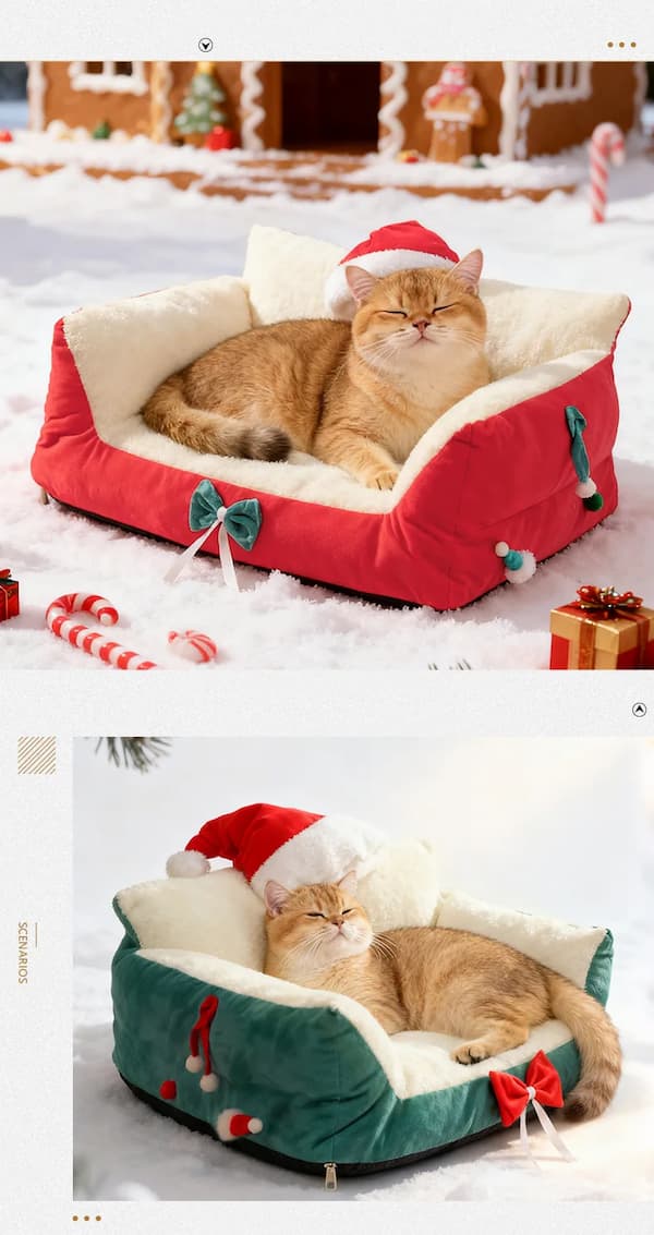 Cat lying on a festive red and green pet bed with Christmas decorations in the background.