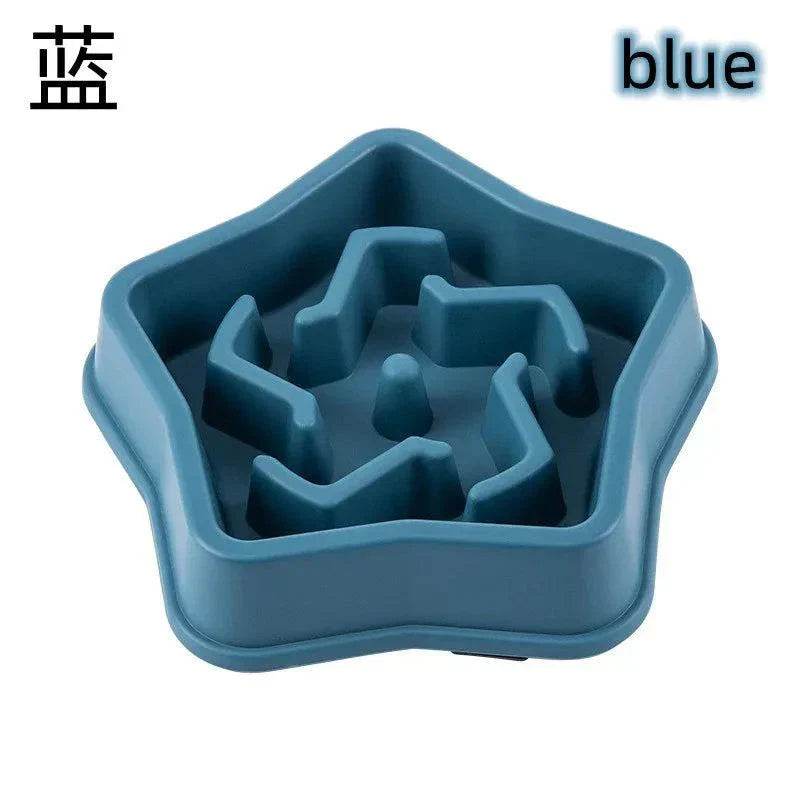 Anti-choking slow feeding bowl for dogs and cats, blue star-shaped design.