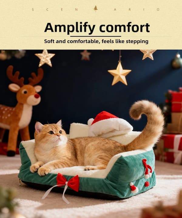 Cat lying on a festive pet bed with Christmas decorations in the background