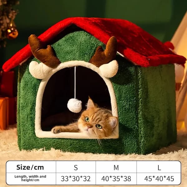 Green pet house with red roof and cat peeking out, size chart at the bottom.
