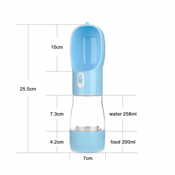 Blue pet water and food dispenser with measurements on a white background