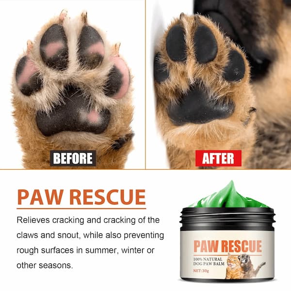 Before and after comparison of a dog's paw with Paw Rescue balm and product packaging.