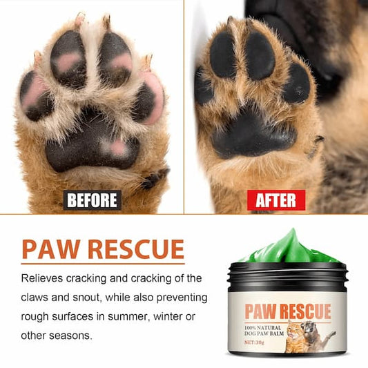 Before and after comparison of a dog's paw with Paw Rescue balm and product packaging.