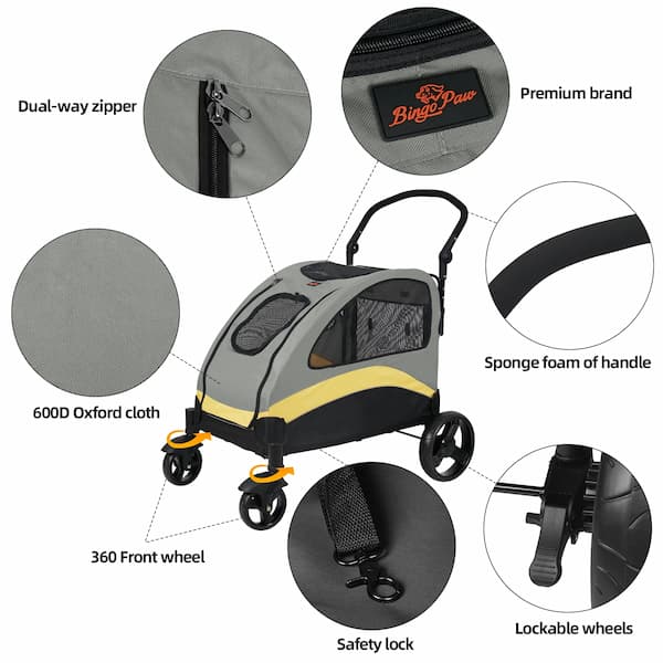 Pet stroller with features highlighted on a white background
