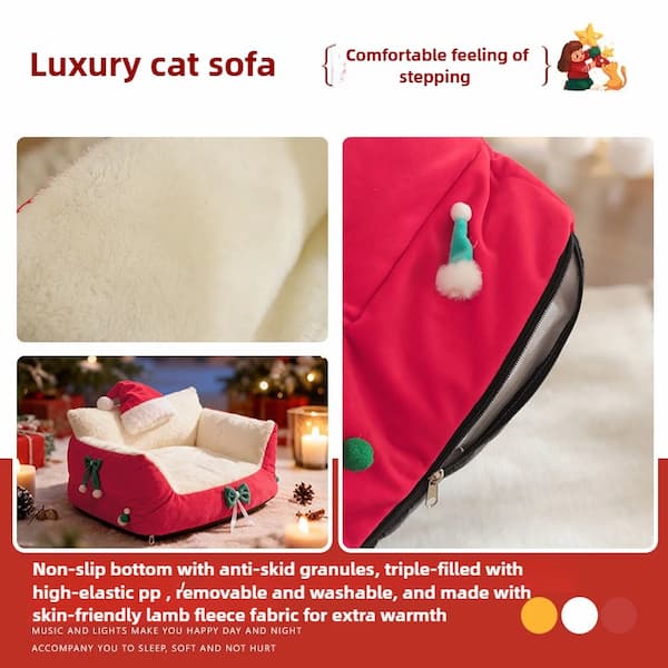 Red cat sofa with plush interior, non-slip bottom, and decorative elements on a festive background.