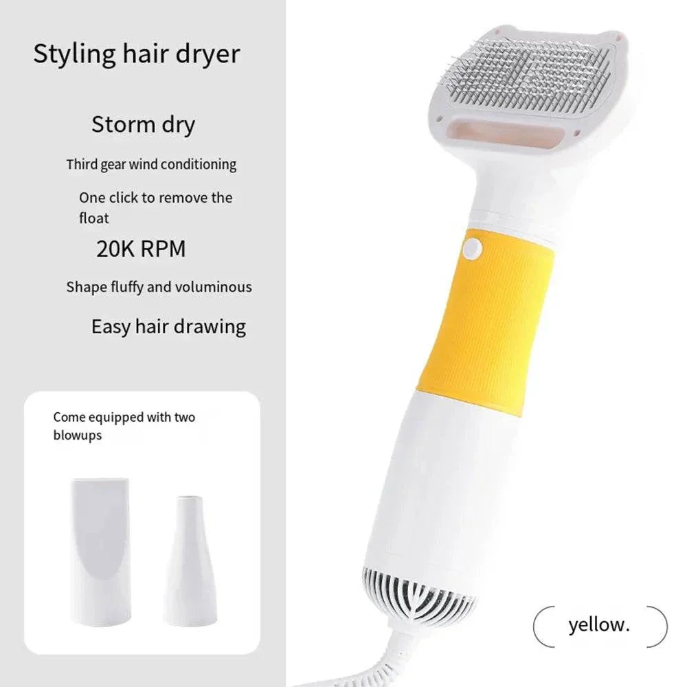 "Pet hair dryer with adjustable heat and airflow settings for fast and safe drying of dogs and cats, available in 110V and 220V options.