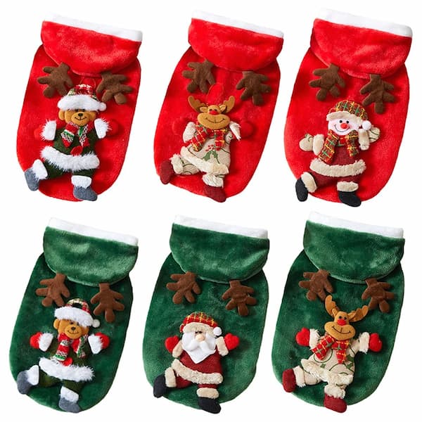 Set of six Christmas-themed dog costumes with reindeer, Santa Claus, and snowman designs on red and green backgrounds.