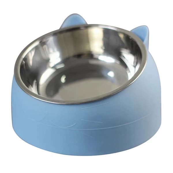 Blue tilted raised stainless steel pet bowl for cats and small dogs nonslip feeder