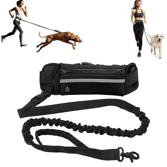 Hands-Free Reflective Dog Leash – pet owner jogging with a dog, featuring an adjustable waist bag and elastic leash