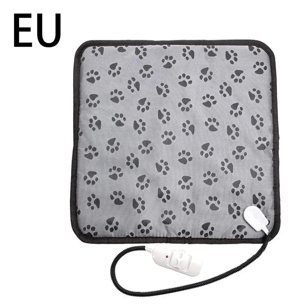 Adjustable pet heating pad with paw print design, bite-resistant wire, and waterproof surface.