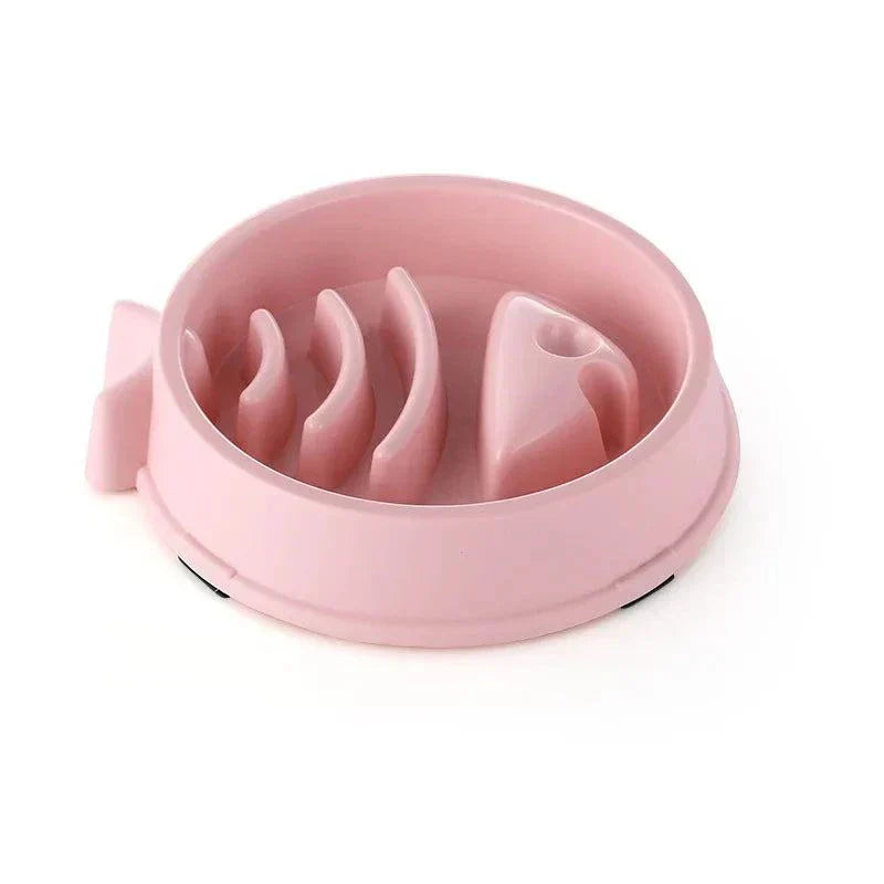 Anti-choking slow feeding bowl for dogs and cats in pink, designed to promote healthy eating and digestion.