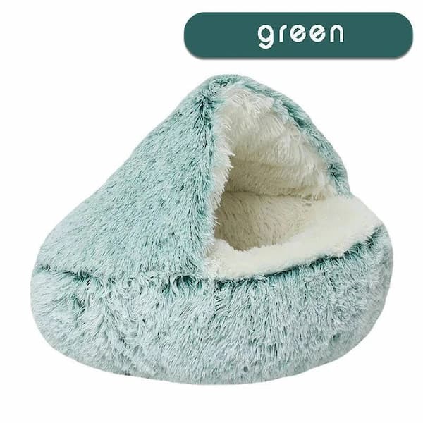 Green plush pet cave with 'Coffee color - long plush' text on a white background
