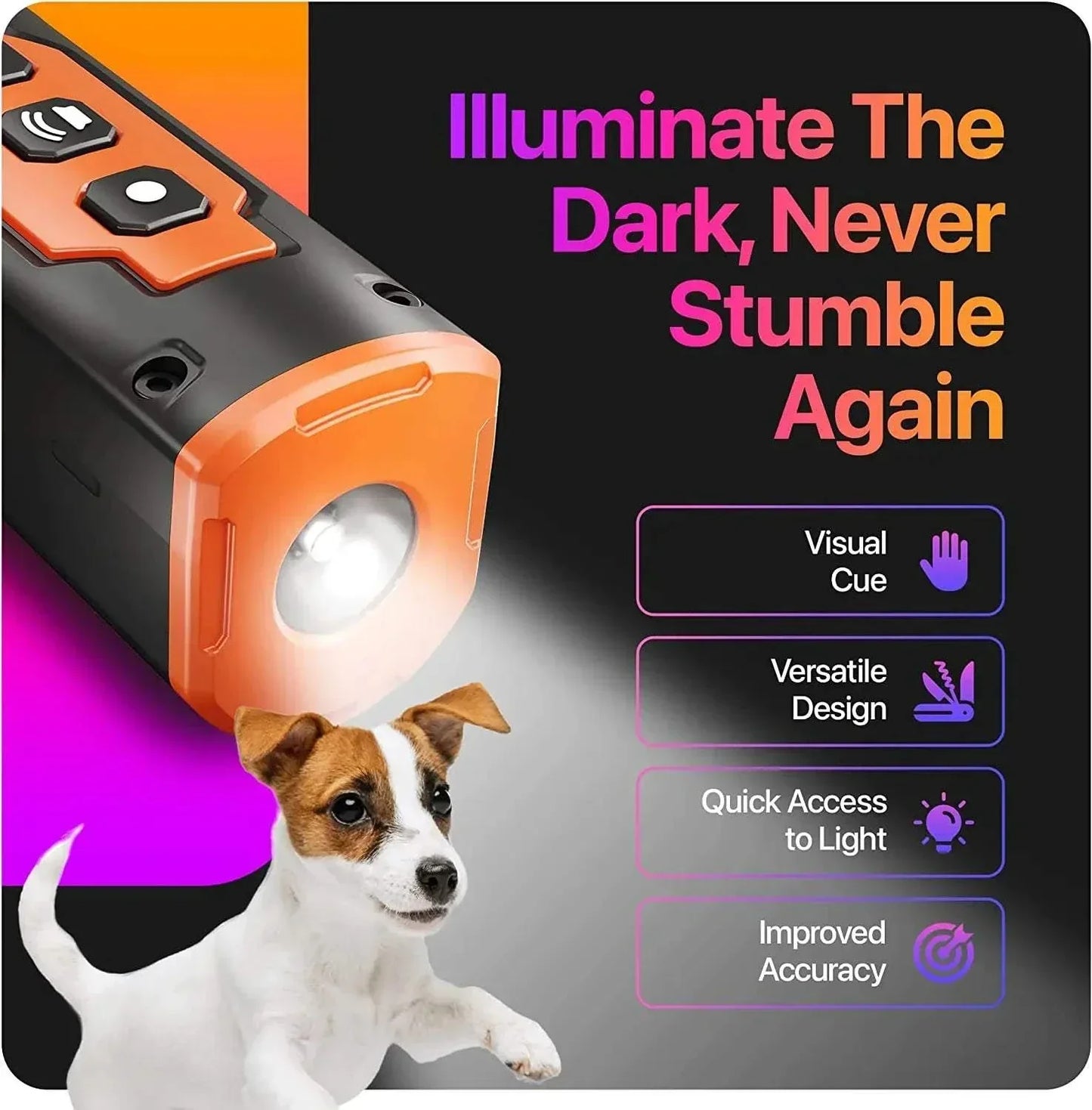 Rechargeable ultrasonic dog training and anti-bark device with LED flashlight, compact and portable design, ideal for training and repelling dogs, 2023 release.