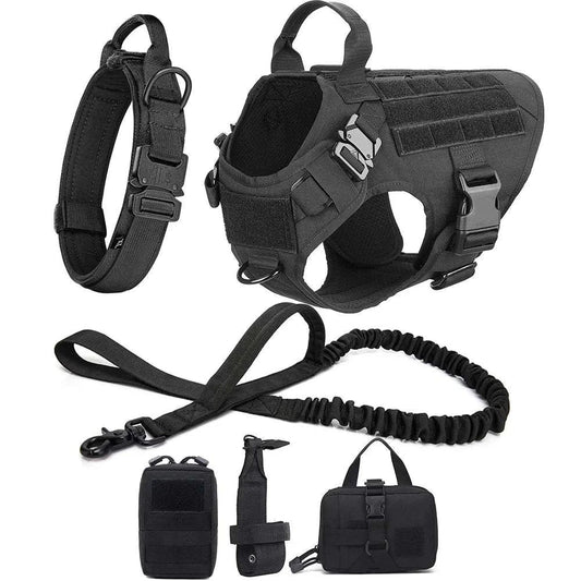 Tactical dog collar and harness set, military style, suitable for German Shepherds and small dogs, durable nylon, adjustable training vest.