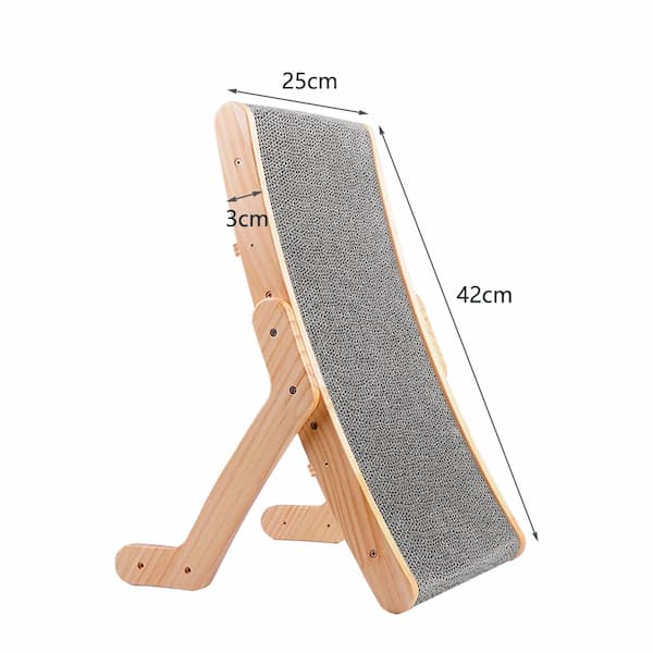 Wooden cat scratcher with dimensions labeled on a white background