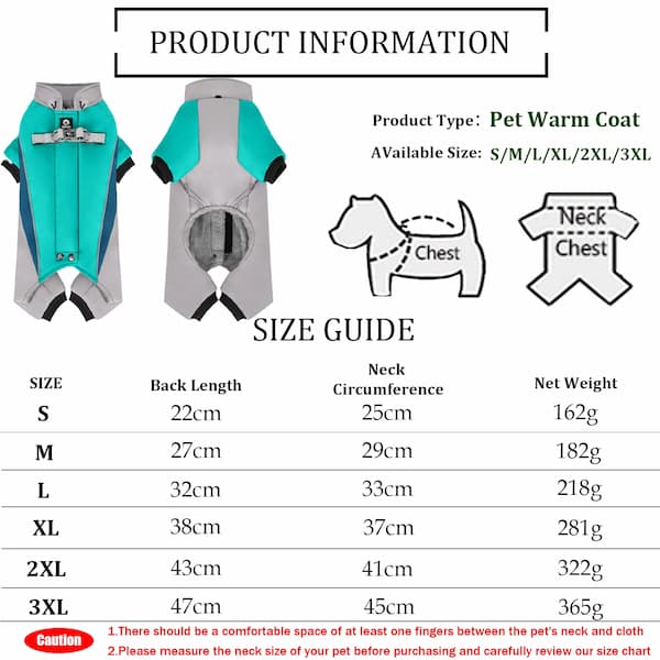 Pet warm coat size guide with measurements and weight details.