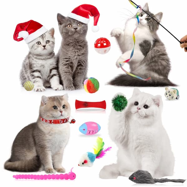 A festive cat Christmas advent calendar gift box featuring 24 colorful toys and surprises for cats, including plush mice, balls, and Christmas decorations.