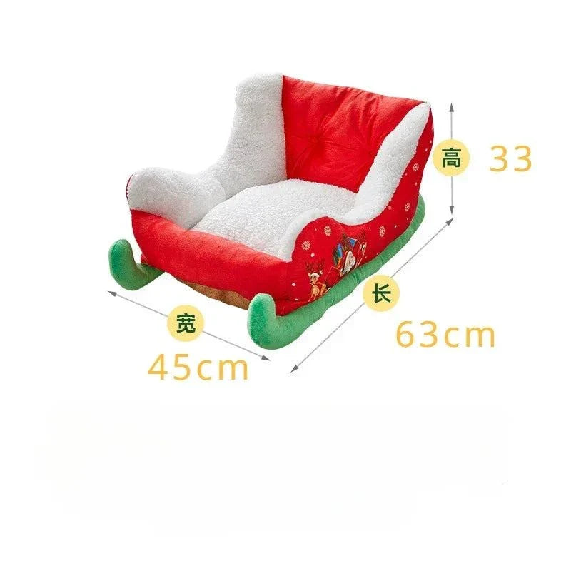 Christmas sleigh-themed pet house with plush interior, offering warmth and festive design for cats and small dogs.