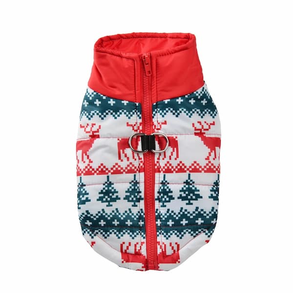 Dog coat with red hood and festive pattern on a white background