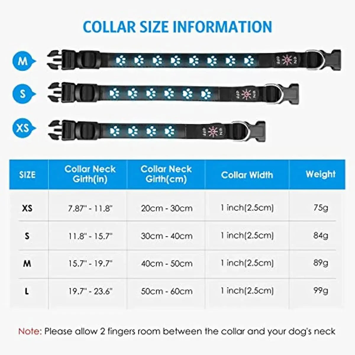 LED dog collar size chart with XS, S, M options showing collar neck girth and width information.