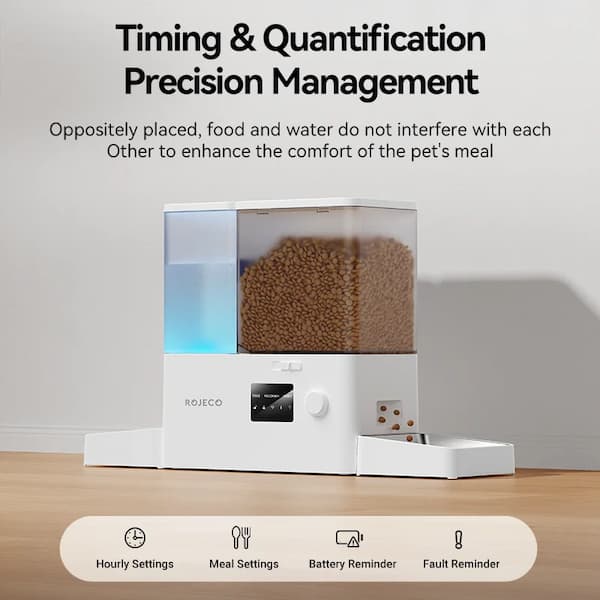 Pet food dispenser with text about timing and quantification precision management on a neutral background.