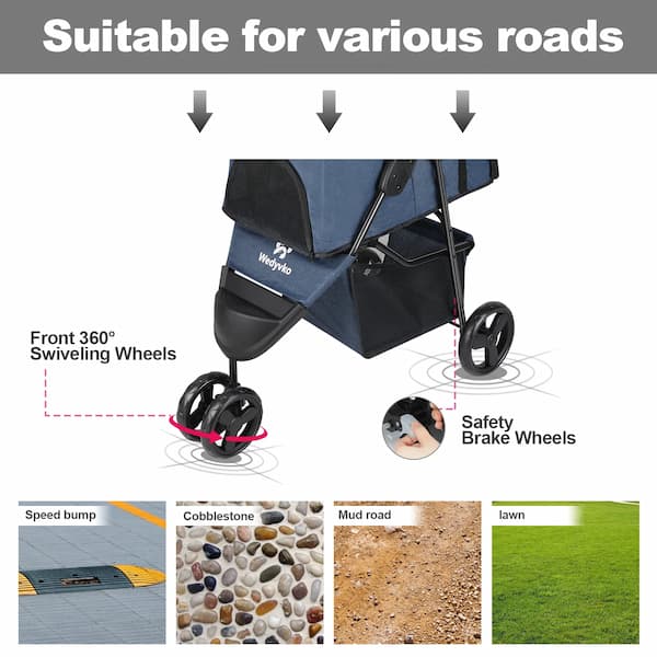 Dog stroller with features highlighted on a white background