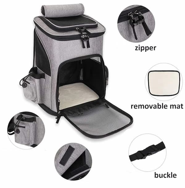 Gray pet carrier with features highlighted on a white background