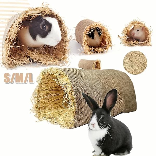 Pet tunnel with hay and rabbit, showing different sizes.