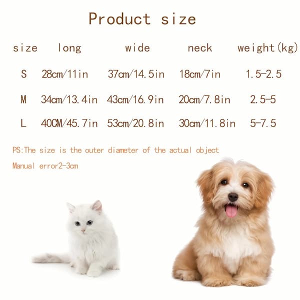 Product size chart with a cat and dog on a white background