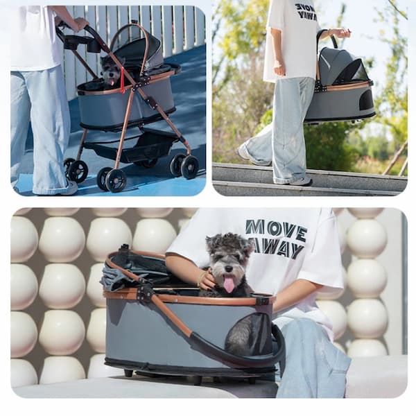 Pet stroller being used by a person with a dog, set against different backgrounds.
