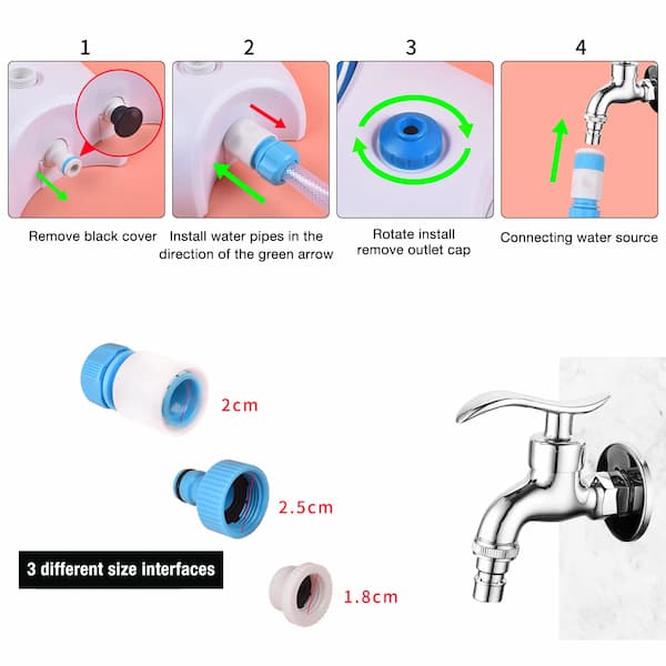 Step-by-step guide on how to install a water faucet with different size interfaces shown.