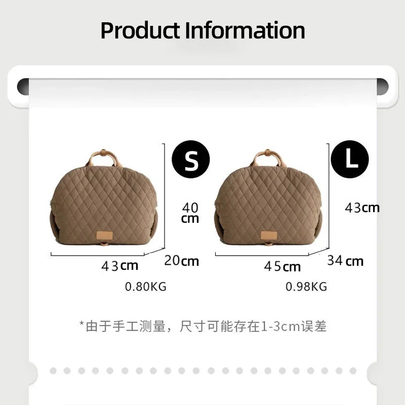 Size comparison of luxury pet travel tote – small and large dimensions for dogs and cats