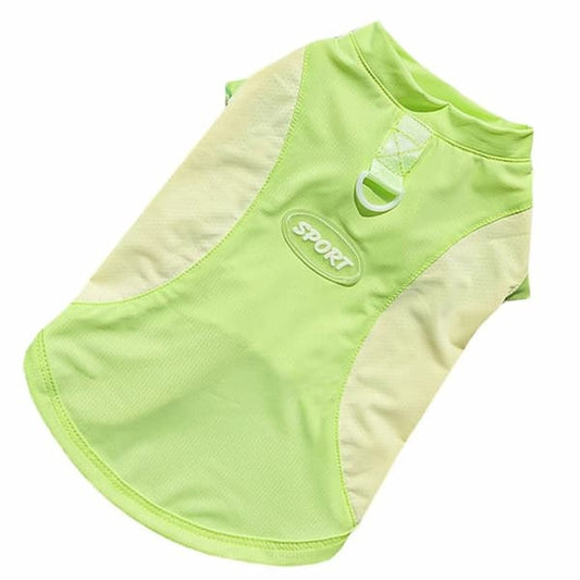 Green pet cooling vest with 'Sport' label on a white background