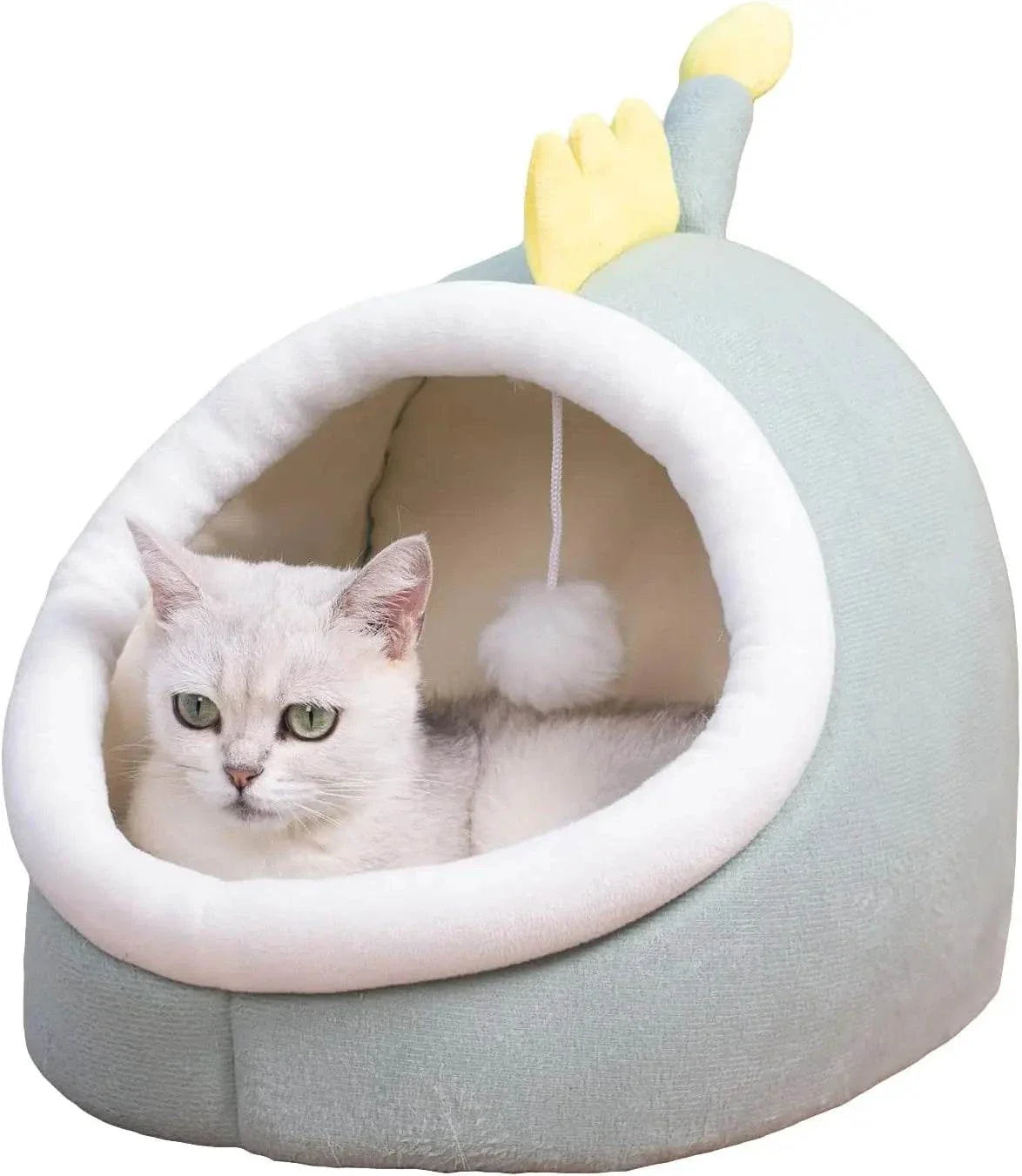 Round cat bed with a tent design, cozy and plush interior, suitable for kittens, cats, and small dogs, perfect for sleeping and lounging.