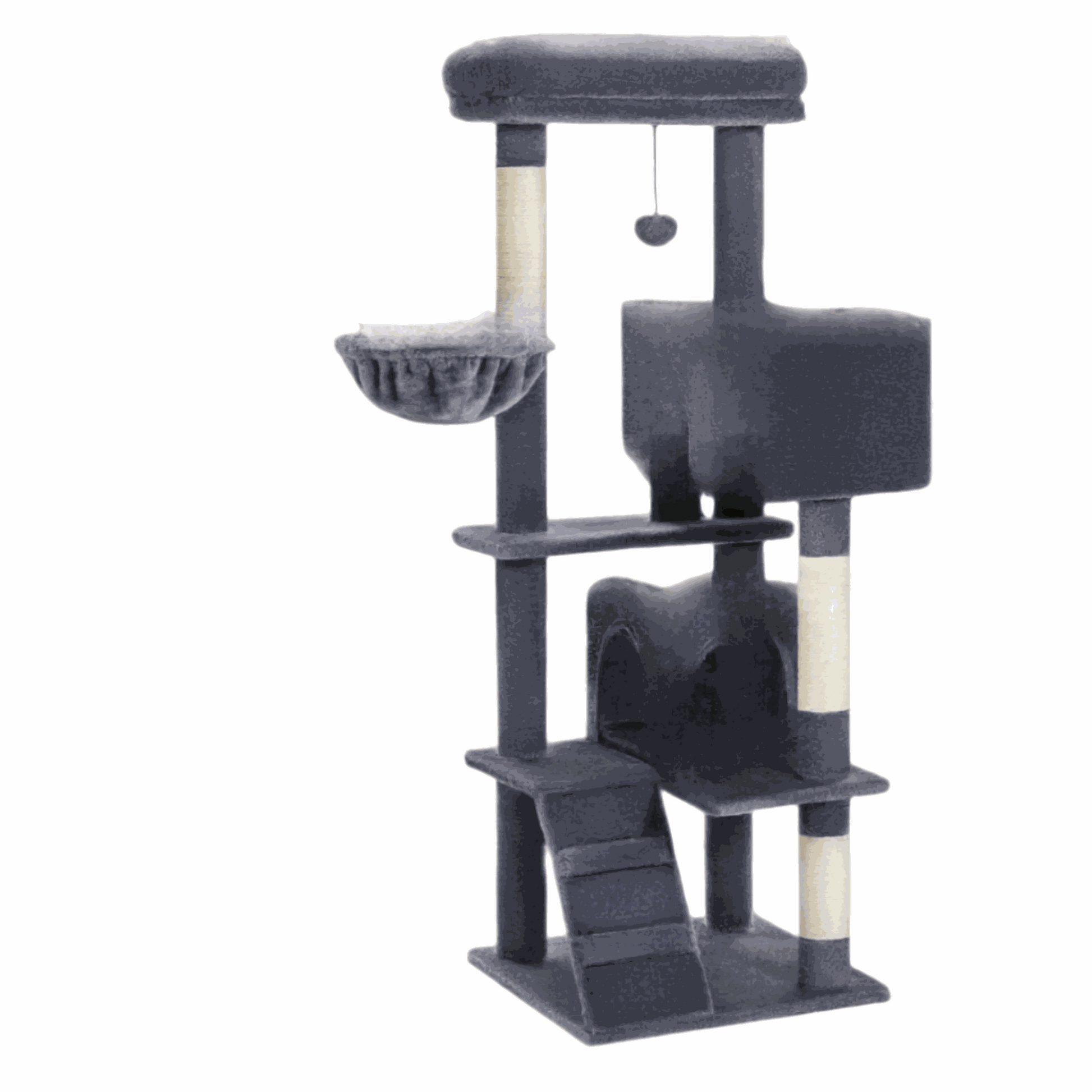 Luxury cat tree with double condos, spacious perch, cat hammock, fully wrapped sisal scratching posts, and dangling balls.