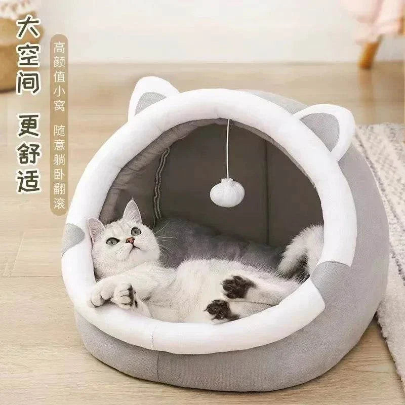 Round cat bed house with a cozy cave design, soft cushion, and tent structure, suitable for cats, kittens, and small dogs.