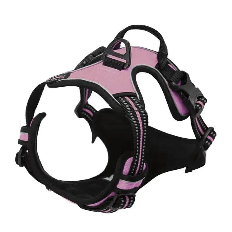 Reflective adjustable pet harness in black and pink, designed for dogs and cats with breathable material and secure chest strap.