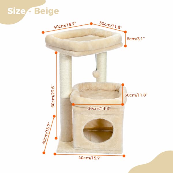 Beige cat tree with dimensions labeled on a white background