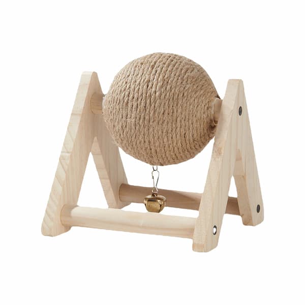 Small rabbit wooden stand with a textured ball against a yellow background