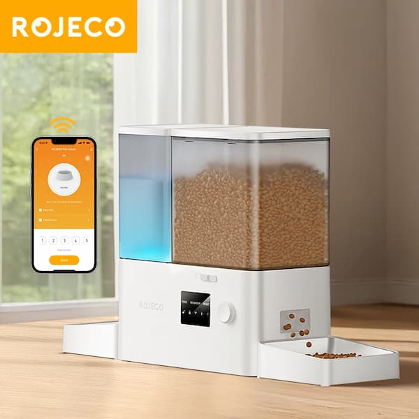 Rojeco pet food dispenser with smartphone app on a wooden floor