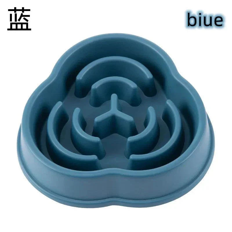 Anti-choking slow feeding bowl for dogs and cats, blue, durable design, non-slip base.