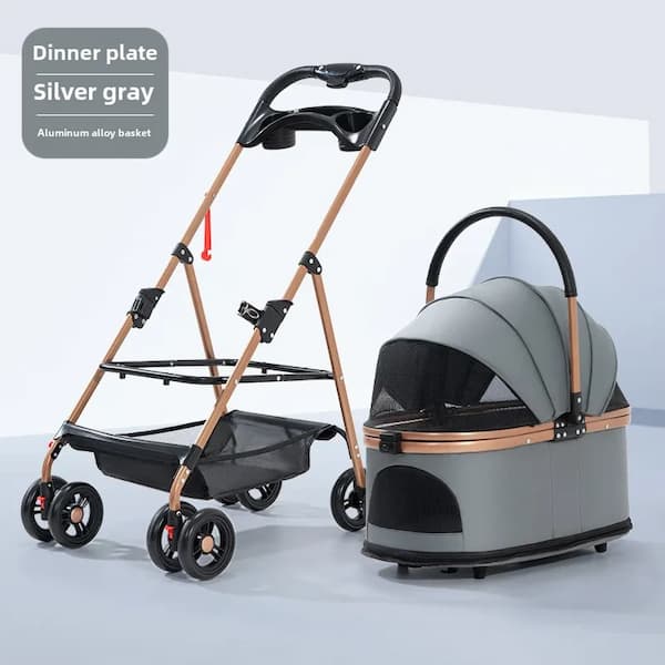 Pet stroller with a silver gray dinner plate on a light gray background