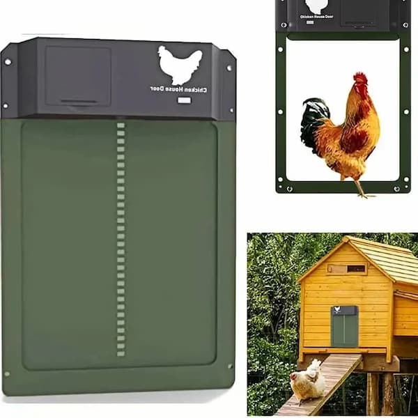 Automatic chicken coop door with light sensing and battery-powered operation, featuring a durable design suitable for extreme weather and easy installation.