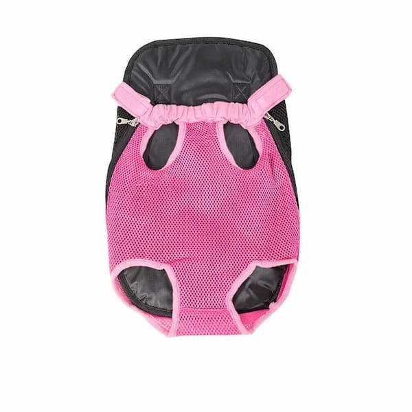 Pink pet carrier with black interior on a white background