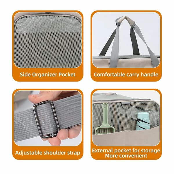 Product features including side organizer pocket, comfortable carry handle, adjustable shoulder strap, and external pocket for storage.