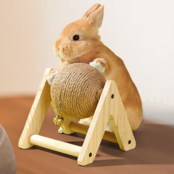 Small rabbit playing with a wooden toy on a brown surface