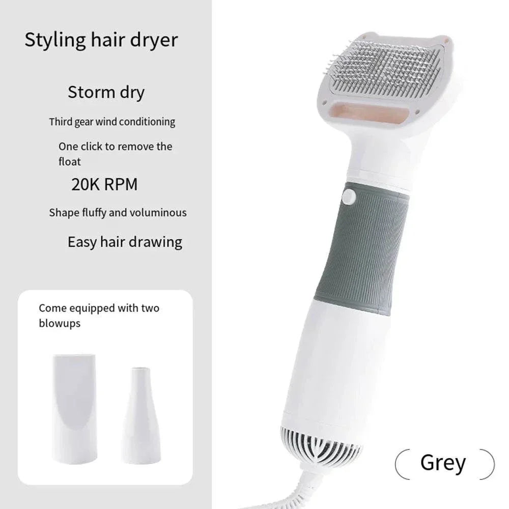 "Pet hair dryer with adjustable heat and airflow settings for fast and safe drying of dogs and cats, available in 110V and 220V options.