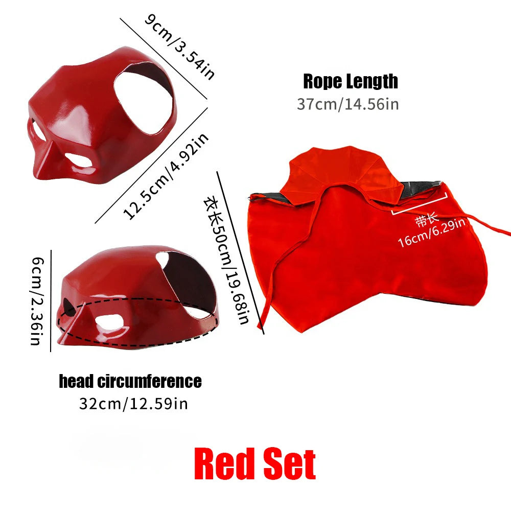 Red Halloween cat costume mask set with included head covering and rope, shown on a white background with printed dimensions and the words 'Red Set'.