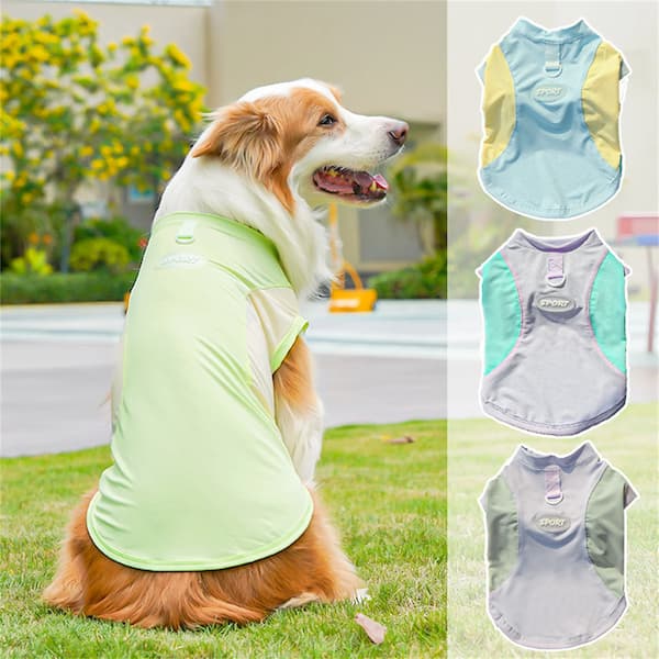Dog wearing a light green cooling vest with three additional shirts displayed on the right.