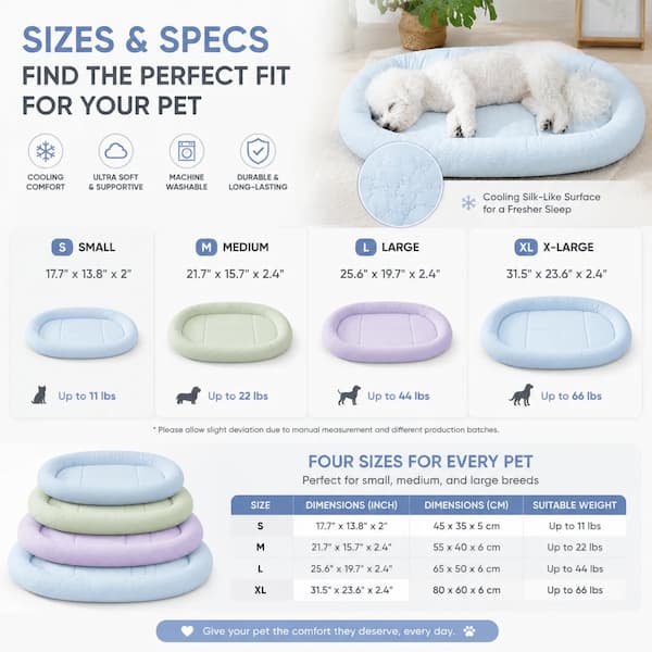 A pet cooling mat size guide infographic showing dimensions and weight limits for small, medium, large, and extra-large sizes, with a small white dog lying on a blue cooling mat at the top and a size chart at the bottom.